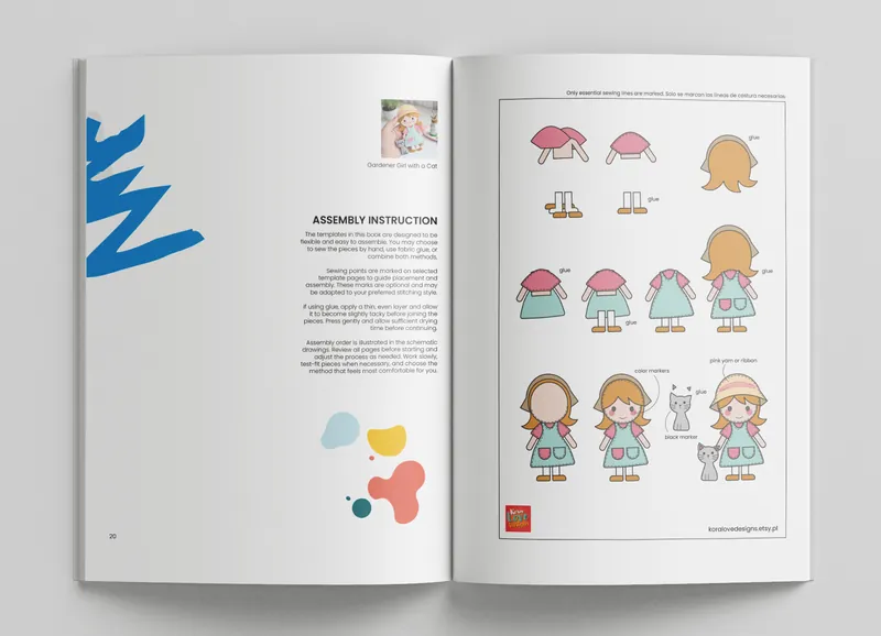 Open KoraLoveDesigns book showing assembly instructions and step-by-step drawings for the Gardener Girl with a Cat pattern
