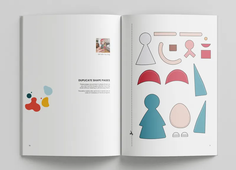 Open KoraLoveDesigns book showing a duplicate template page with ready-to-cut felt shapes for the Girl with Toy Dog pattern