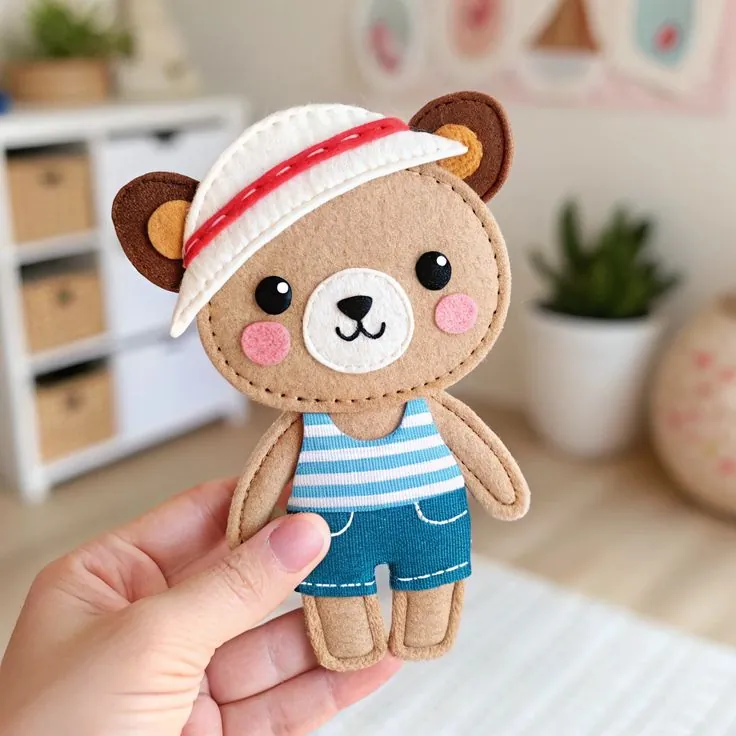 Finished felt teddy bear in a cap, striped top and turquoise shorts