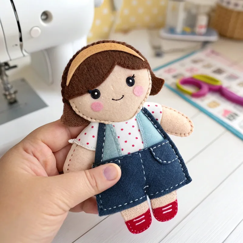 Finished round-faced felt doll in a polka-dot blouse and denim dungarees