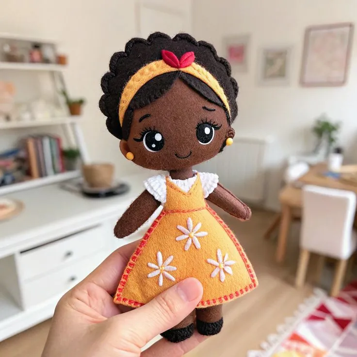 Finished standing felt doll with fluffy curls, a yellow headband and an orange daisy dress