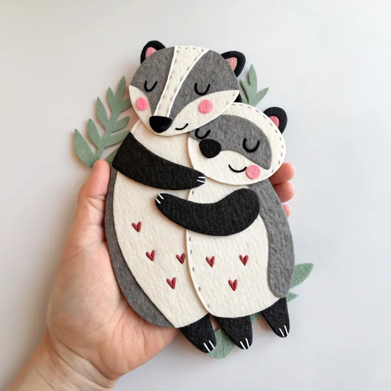 Finished two felt badgers hugging with closed eyes and red hearts, on green leaves