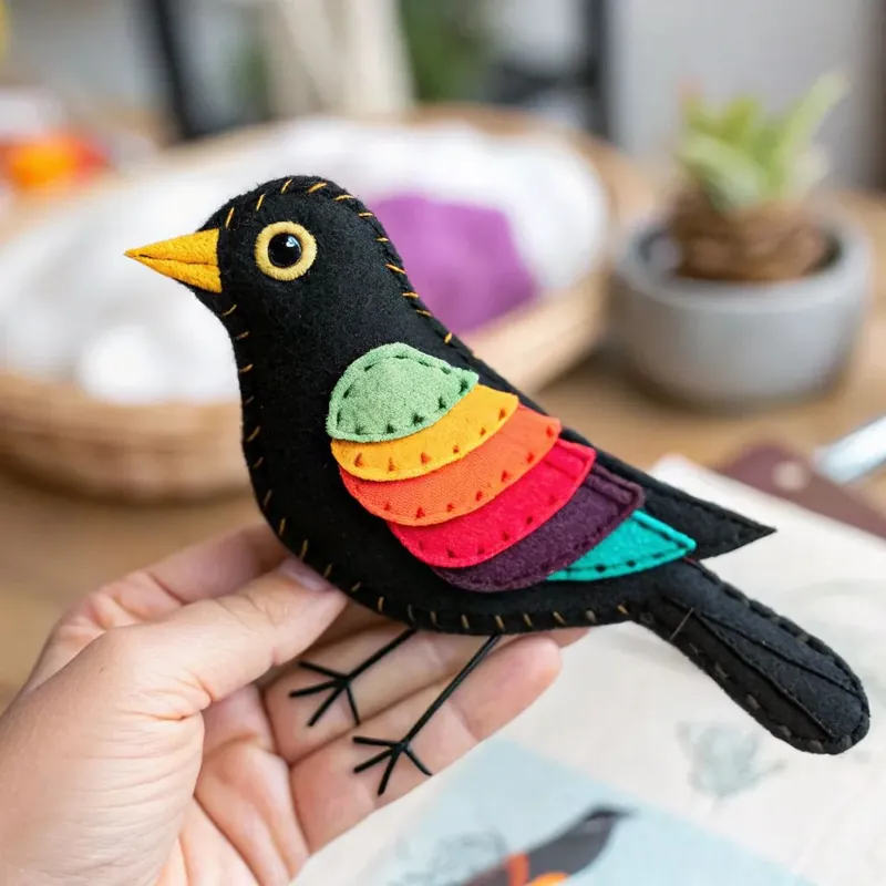Finished black felt bird with a yellow beak and colourful overlapping wing feathers