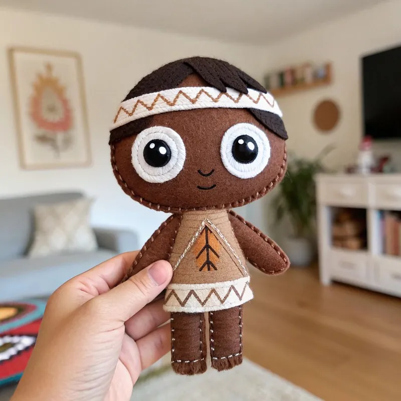 Finished felt boy doll with big eyes, a cream headband and a zigzag-patterned tunic