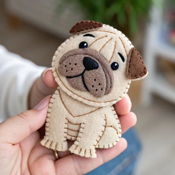 Finished sitting cream felt bulldog with embroidered wrinkles and a brown eye patch