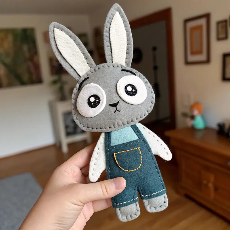 Finished grey felt rabbit with big surprised eyes in teal dungarees