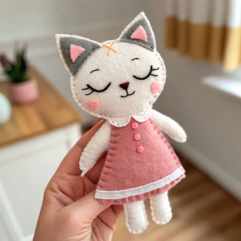 Finished felt cat girl doll in a pink dress with a lace hem and long lashes