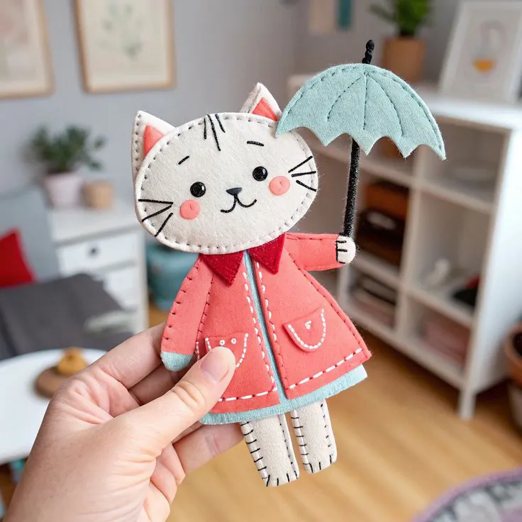 Finished white felt cat in a red raincoat holding a mint umbrella
