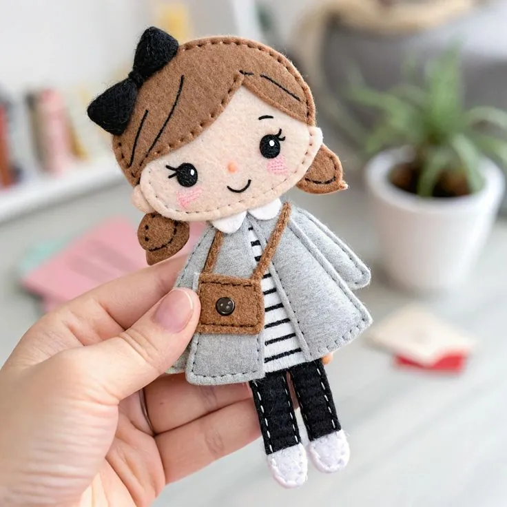 Finished felt city girl doll in a grey coat and striped top with pigtails and a black bow