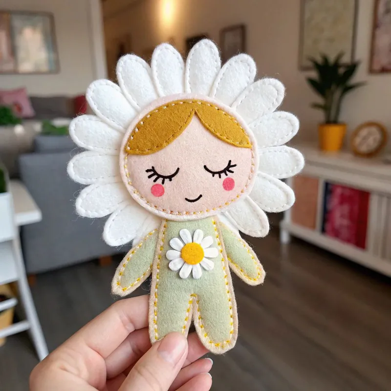Finished felt daisy girl doll with white petals around her head and a mint outfit
