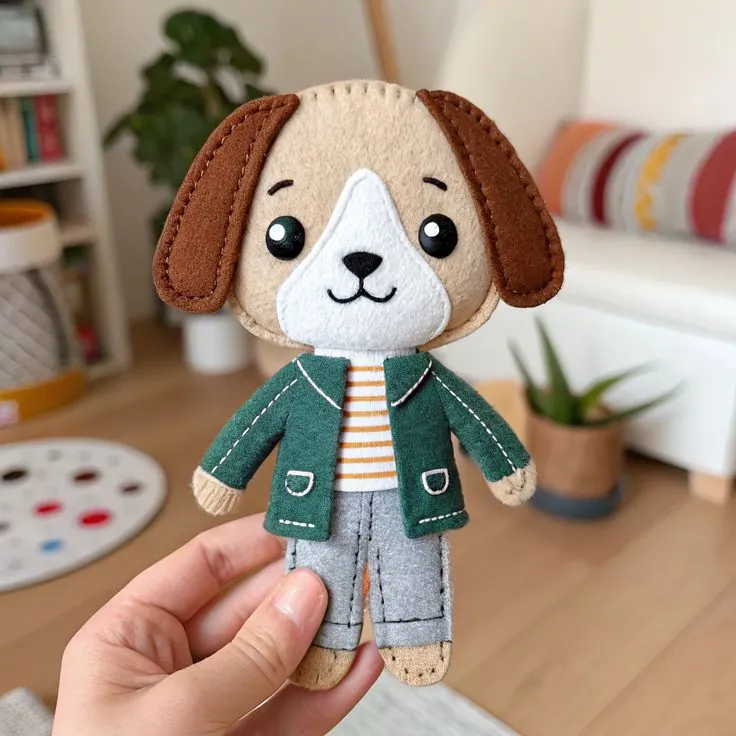 Finished standing felt dog doll in a green jacket, striped top and grey trousers