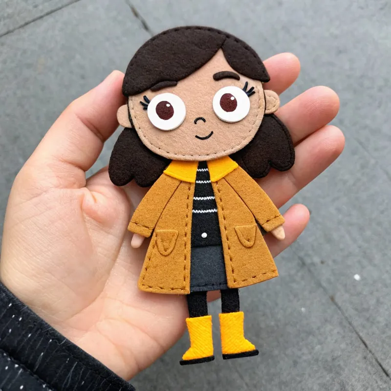 Finished felt girl doll with big brown eyes in a mustard raincoat and yellow rain boots