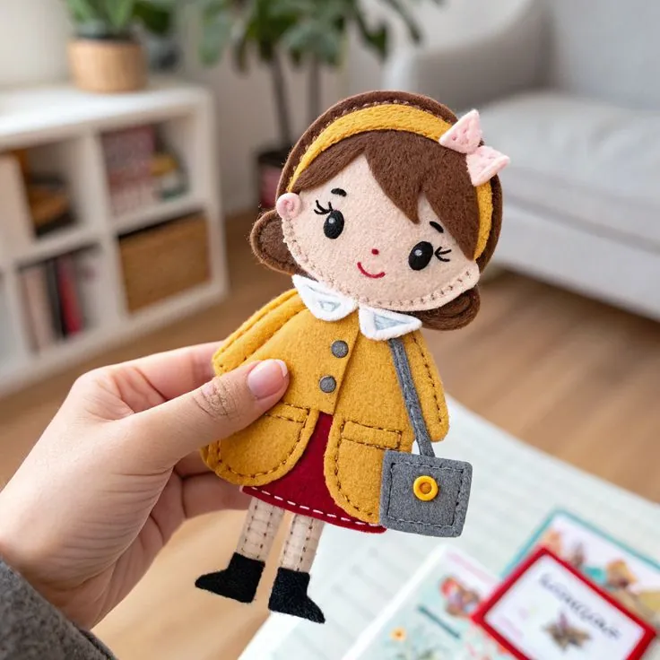 Finished felt fashion doll in a mustard coat, red skirt and black boots with a grey shoulder bag