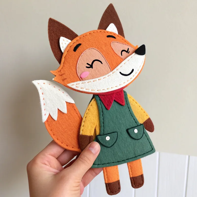Finished felt fox girl in a green dress and red scarf with a fluffy white-tipped tail