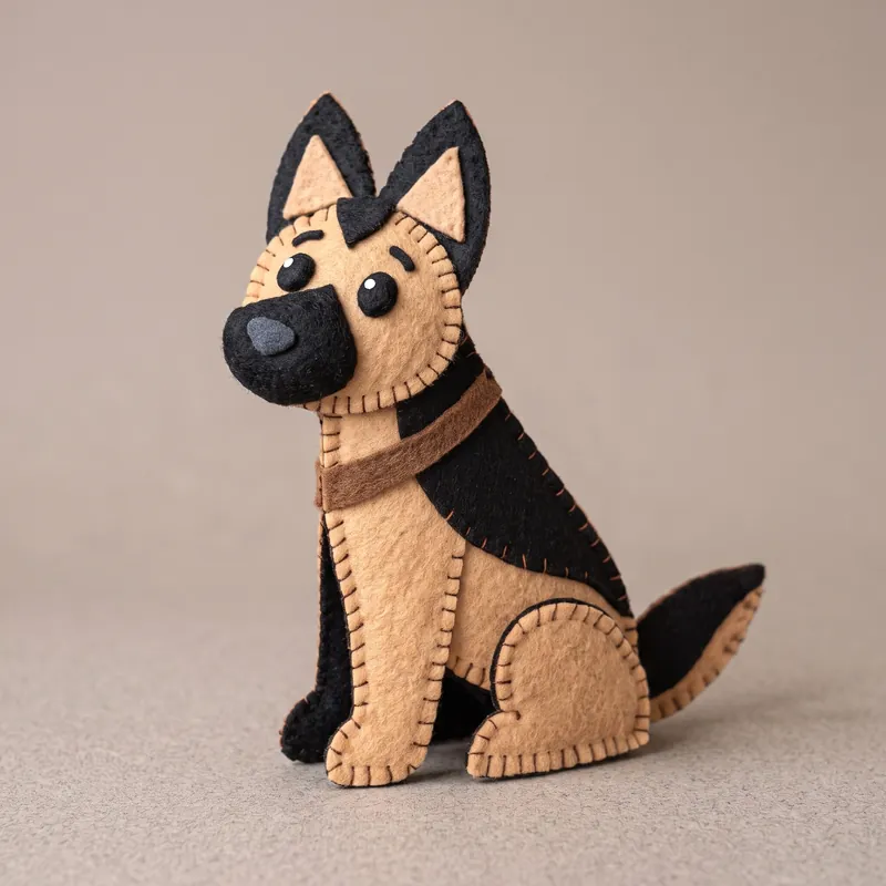 Finished sitting felt German shepherd puppy with black ears, beige muzzle and brown collar