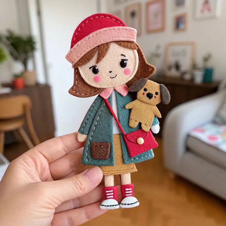 Finished felt girl in a red hat and green coat carrying a beige puppy