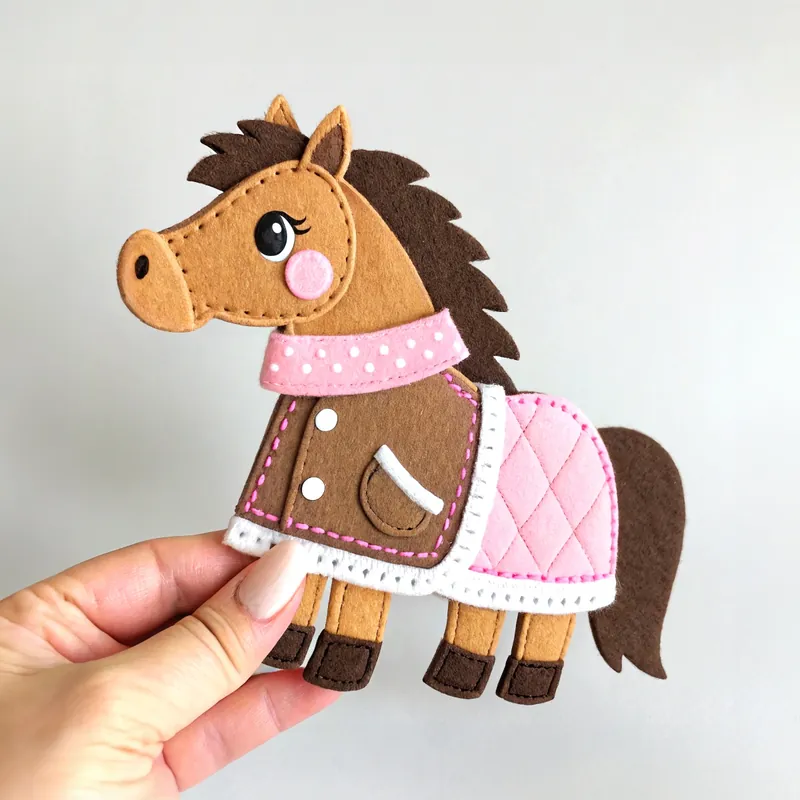 Finished felt pony in a brown jacket, polka-dot scarf and quilted pink blanket