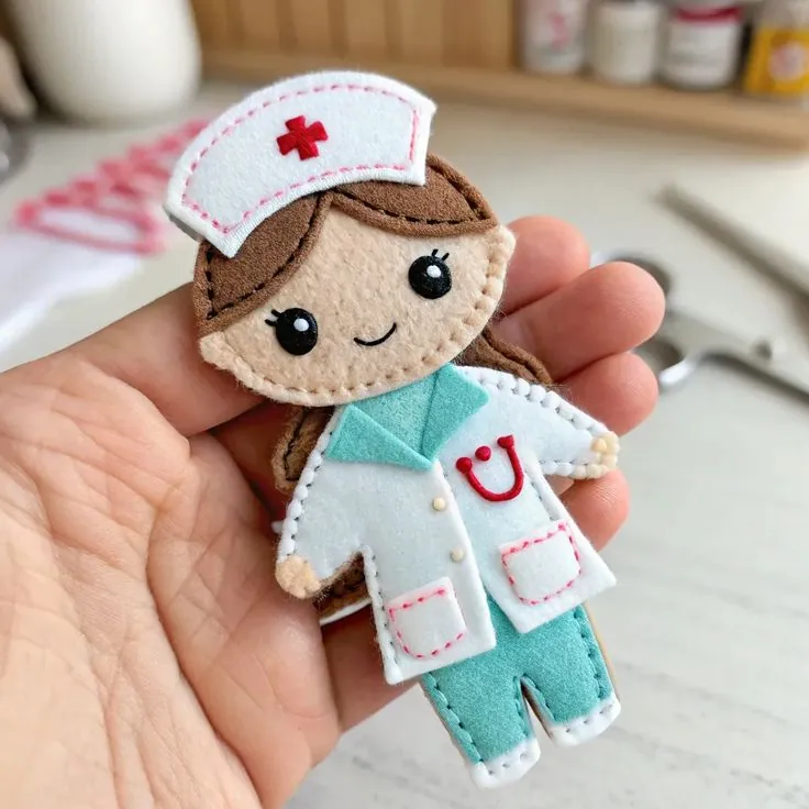 Finished felt nurse doll in a white cap with a red cross and an embroidered stethoscope