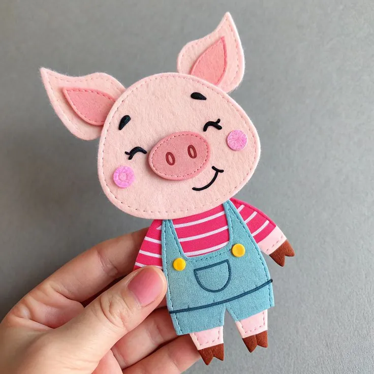 Finished pink felt pig in a striped sweater and blue overalls with yellow buttons