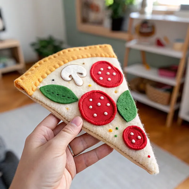 Finished felt pizza slice with salami, mushroom and basil toppings