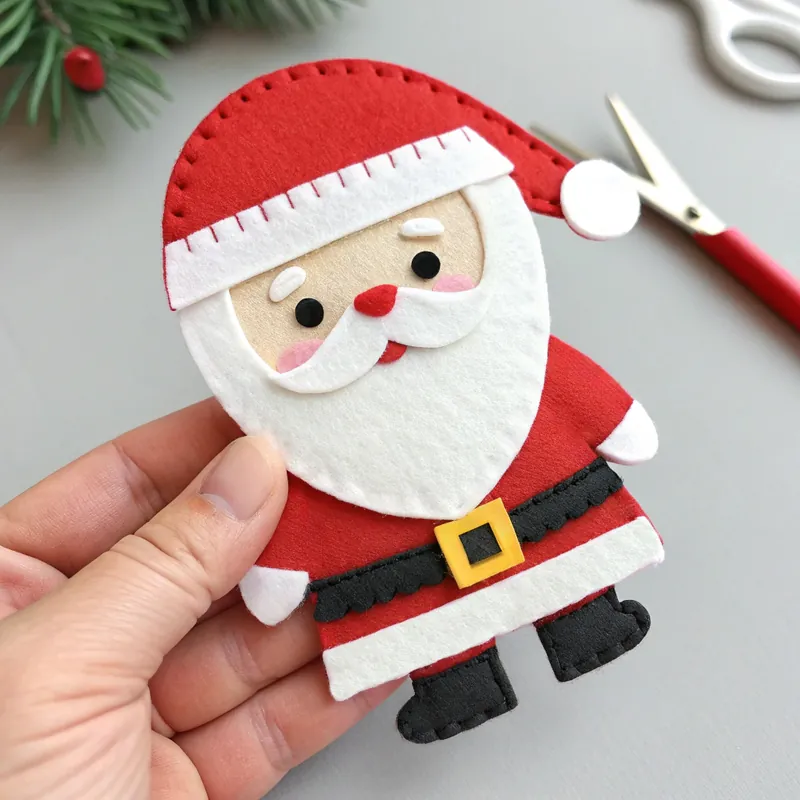 Finished felt Santa Claus with a white beard, red hat with a pompom and a golden belt buckle