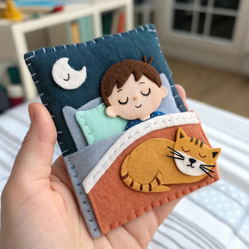 Finished felt bedtime scene of a boy asleep under a white duvet with a ginger cat and a moon