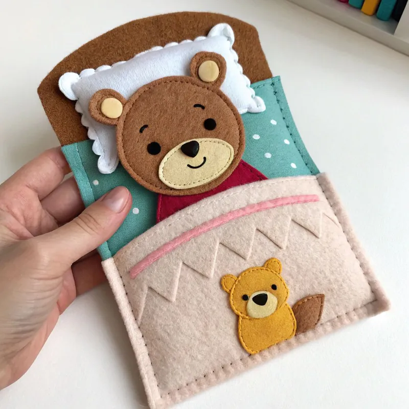 Finished felt teddy bear asleep in a polka-dot bed with a tiny plush bear in a pocket