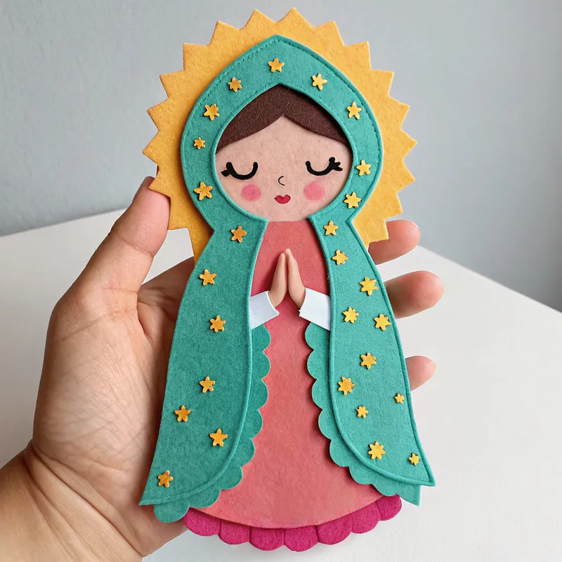 Finished felt Our Lady of Guadalupe in a turquoise starry mantle with a golden halo
