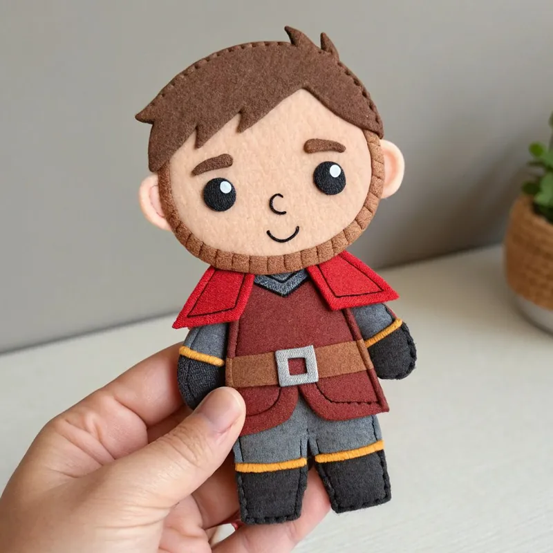 Finished bearded felt warrior doll in a red cape with a belt buckle and black boots