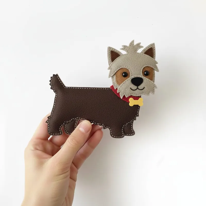 Finished felt Yorkshire terrier with fringed fur edges and a red collar with a bone tag