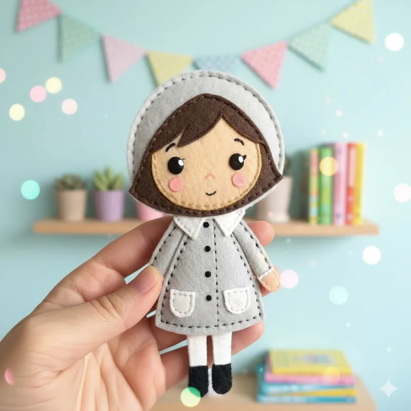 Finished retro felt doll in a grey coat with a white collar and a wide-brimmed hat